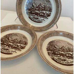 Royal USA Currier and Ives Brown American Farm Scene 10" Pie Plates Set of 3